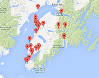 Small map depicting school locations on the Kenai Peninsula, Alaska